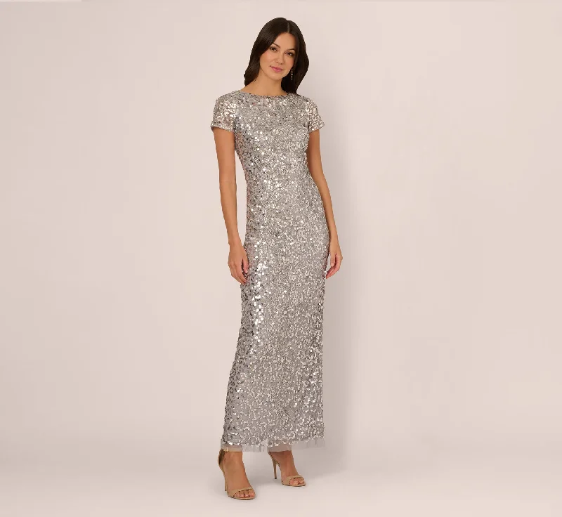formal dresses with sequined bodices for sparkle --Short Sleeve Bead And Sequin Gown In Silver Mist