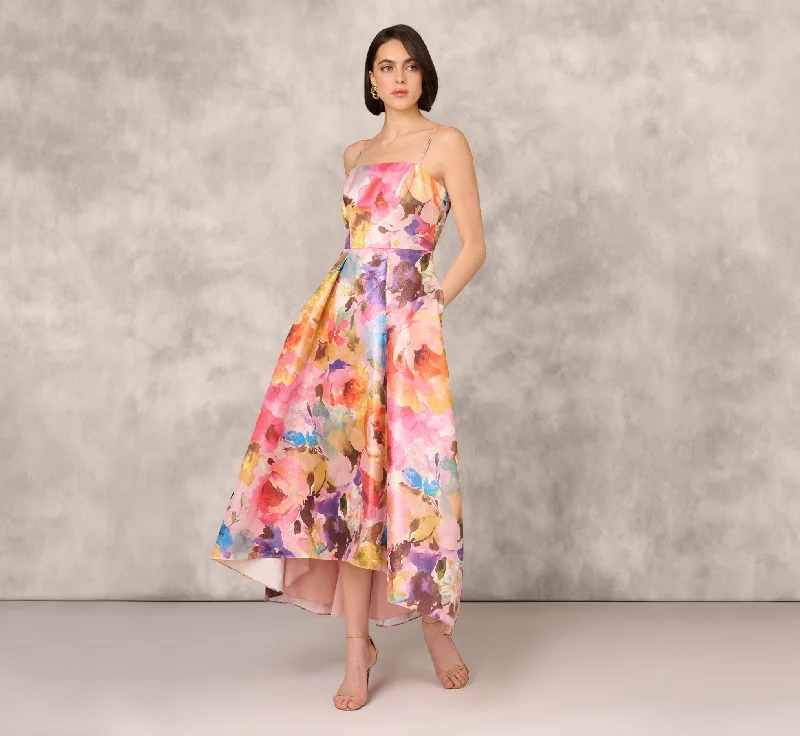 formal dresses for prom with sweetheart necklines --Multicolor Metallic Floral Print Jacquard High Low Gown With Pockets In Pink Multi