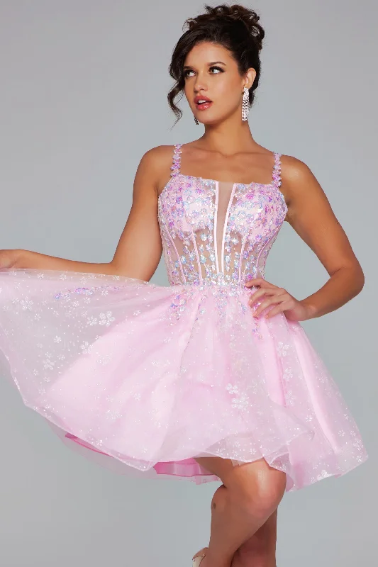 Elegant off-the-shoulder dresses for cocktail parties -Applique Short Sleeveless A-line Dress by Jovani 40501