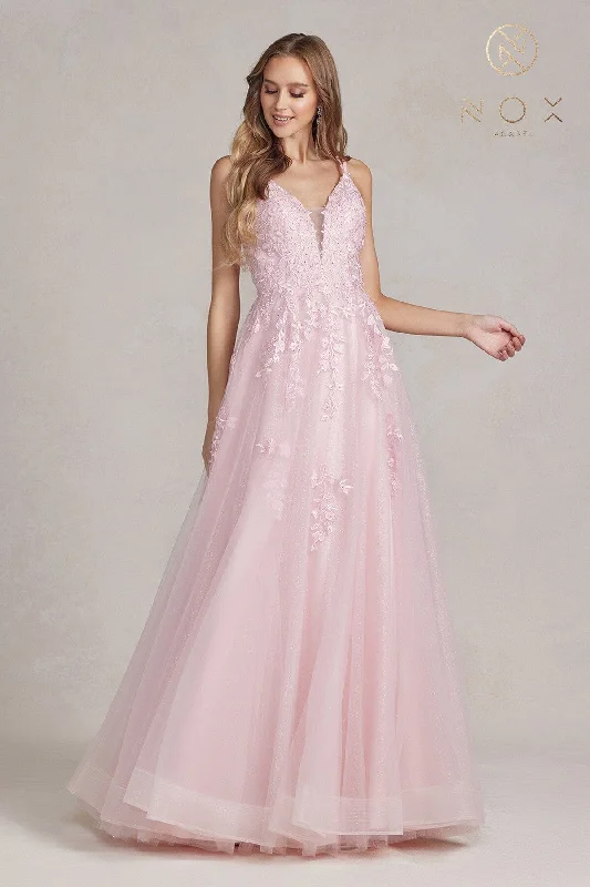 formal dresses with lace necklines for feminine touch --Lace Applique Tulle A-line Gown by Nox Anabel T1136
