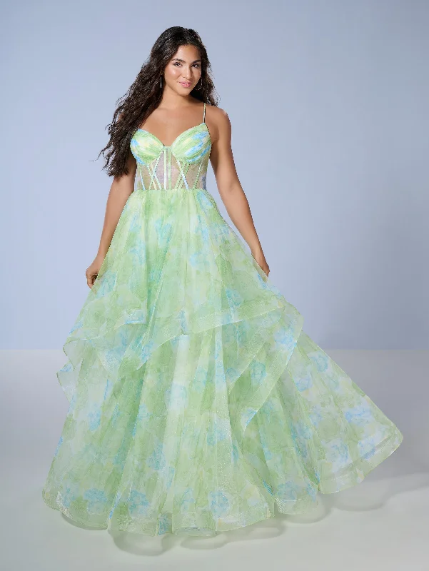 formal dresses with mesh sleeves for subtle coverage --Floral Print Layered Gown by Tiffany Designs 16163