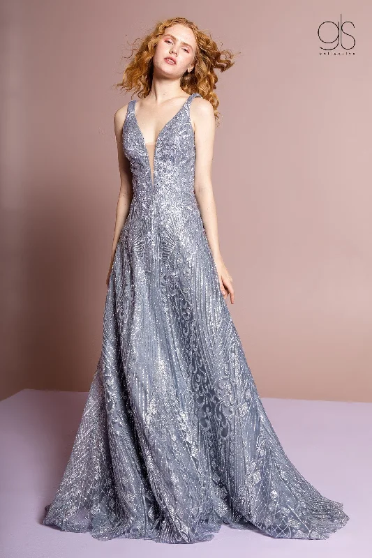 cocktail dresses with puffed sleeves for vintage flair --Glitter Print Gown with Illusion V-Neckline by GLS Gloria GL2698