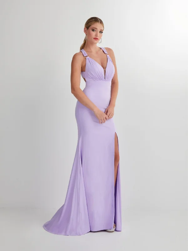 cocktail dresses with open backs for summer parties --Fitted Spandex Sleeveless Slit Gown by Studio 17 12897