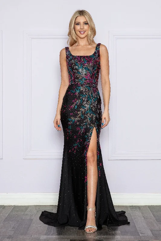 cocktail dresses with tiered skirts for playful movement --Fitted Beaded Sleeveless Slit Gown by Poly USA 9270