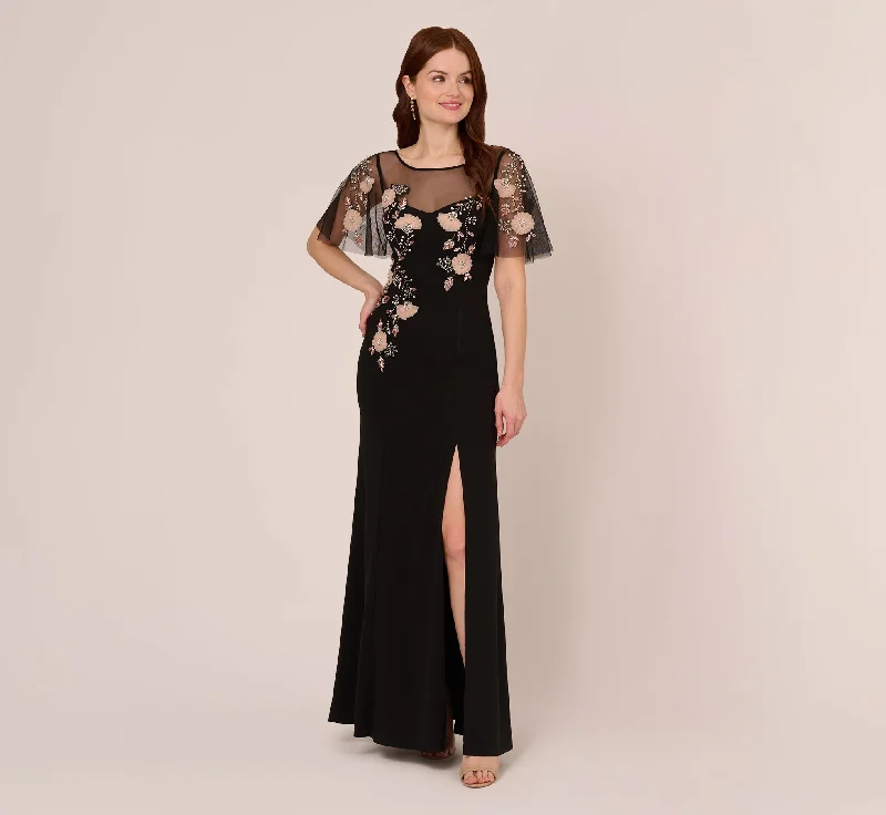 formal dresses for winter weddings with velvet and long sleeves --Flutter Sleeve Crepe Gown With Floral Sequin Beading In Black Blush Multi
