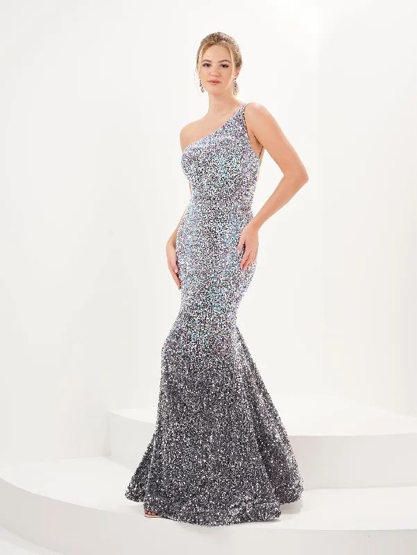 Wedding guest dresses with high-low hemlines for style -Ombre Sequin One Shoulder Gown by Tiffany Designs 16089