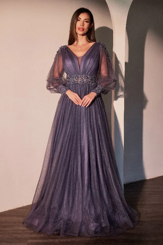 Elegant wedding guest dresses for formal evening events -Tulle Long Sleeve A-line Gown by Ladivine CD0938