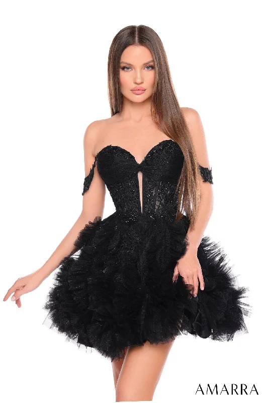 Graduation dresses for evening ceremonies with sophisticated designs -Short Off Shoulder Ruffled A-line Dress by Amarra 88064