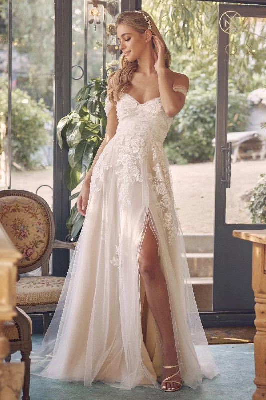 Stunning wedding guest dresses with soft draped fabric for elegance -Floral Applique Off Shoulder Bridal Slit Gown by Nox Anabel JE953