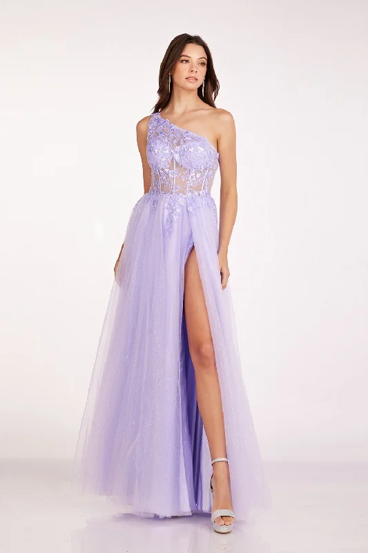 cocktail dresses with halter tops for chic style --One Shoulder Tulle A-line Slit Gown by Abby Paris 90234