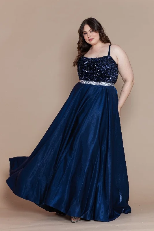 Wedding guest dresses with puff sleeves for a dramatic effect -Plus Size Long Satin Dress with Sequin Bodice by Poly USA W1018