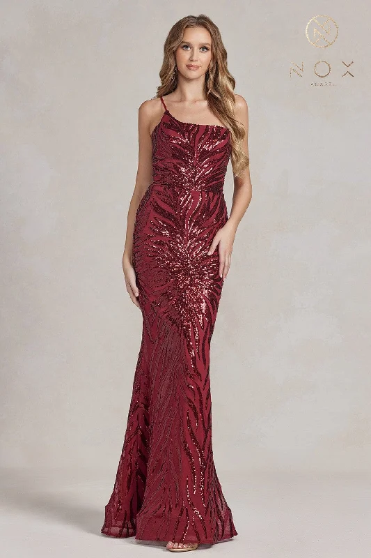 cocktail dresses with lace sleeves for modesty --Sequin Print One Shoulder Gown by Nox Anabel R1204