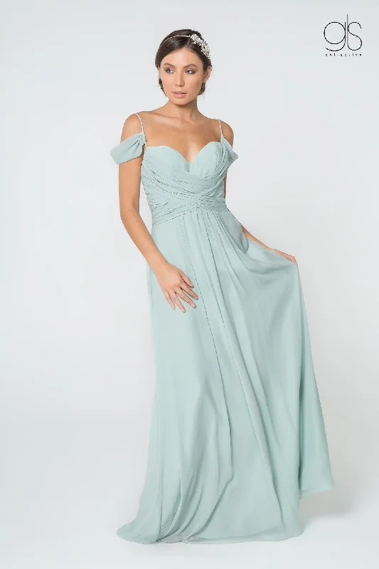 bridesmaid dresses with chiffon pleats for elegant movement --Ruched Long A-line Cold Shoulder Dress by Elizabeth K GL2824