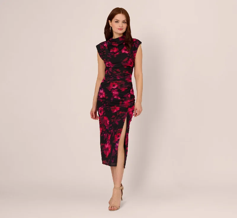 Wedding guest dresses with statement sleeves for a bold appearance -Floral Print Jersey Ankle Length Dress With Draped Details In Black Pink Multi