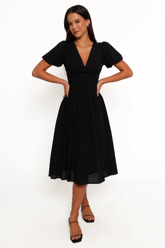 cocktail dresses with satin belts for waist definition --Ronnie Short Sleeve Midi Dress - Black