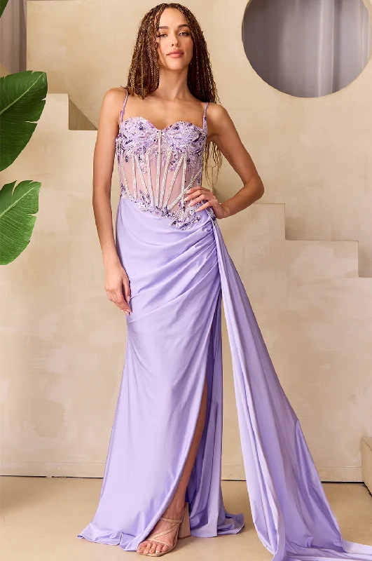 cocktail dresses for petite women with A-line skirts --Beaded Sheer Corset Slit Gown by Amelia Couture 2050