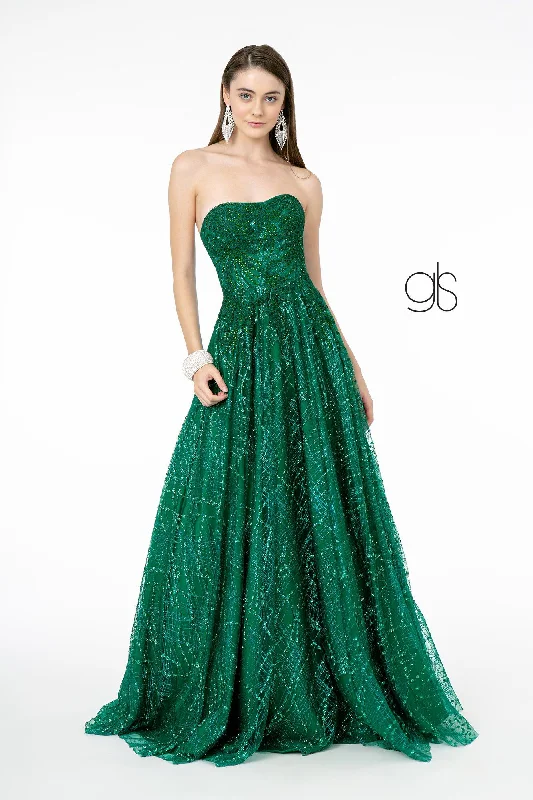 formal dresses for holiday parties in jewel tones --Long A-Line Strapless Glitter Dress by Elizabeth K GL2921