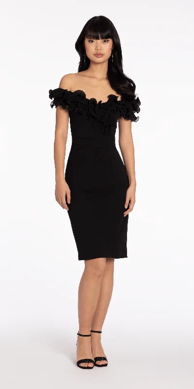 Affordable graduation dresses for fashion-forward students -Ruffle Off the Shoulder Crepe Midi Dress with Ruching