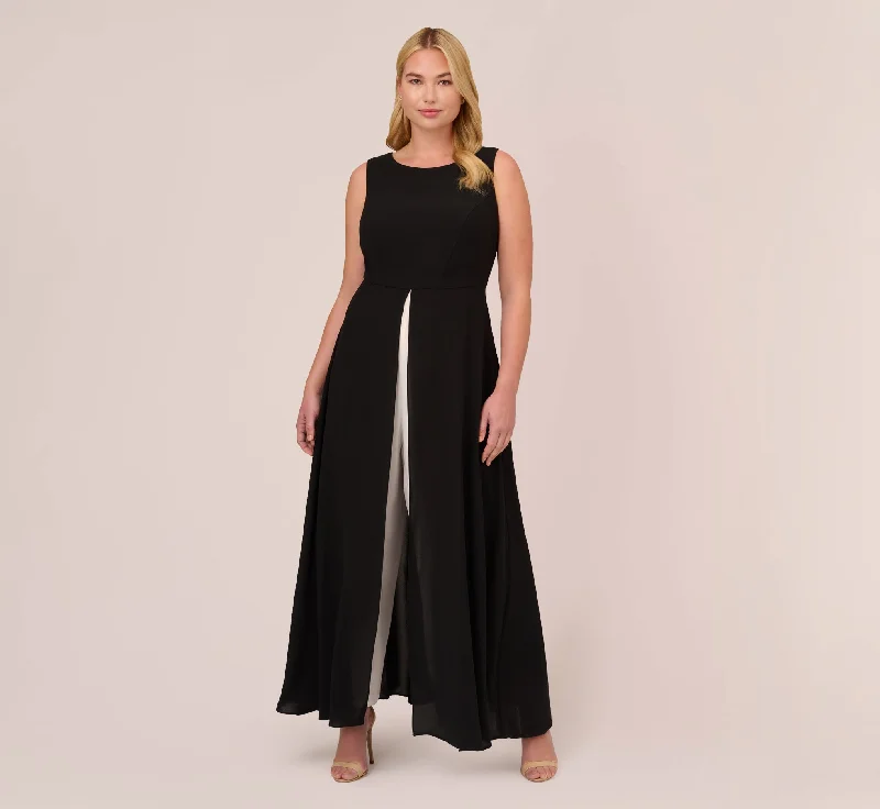 Elegant spring dresses with flowing skirts for added volume -Plus Size Colorblock Jumpsuit With Skirt Overlay In Black Ivory