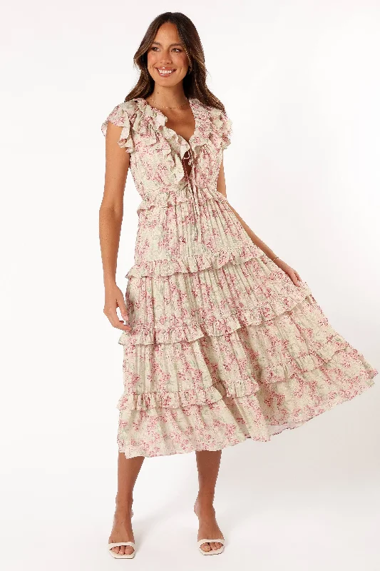 Wedding guest dresses with halter necks for a flattering style -Levelle Midi Ruffle Dress - Ivory/Red Green Floral
