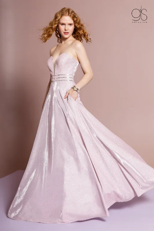 cocktail dresses with mesh sleeves for subtle coverage --Pink Long Strapless Glitter A-Line Dress by Elizabeth K GL2674