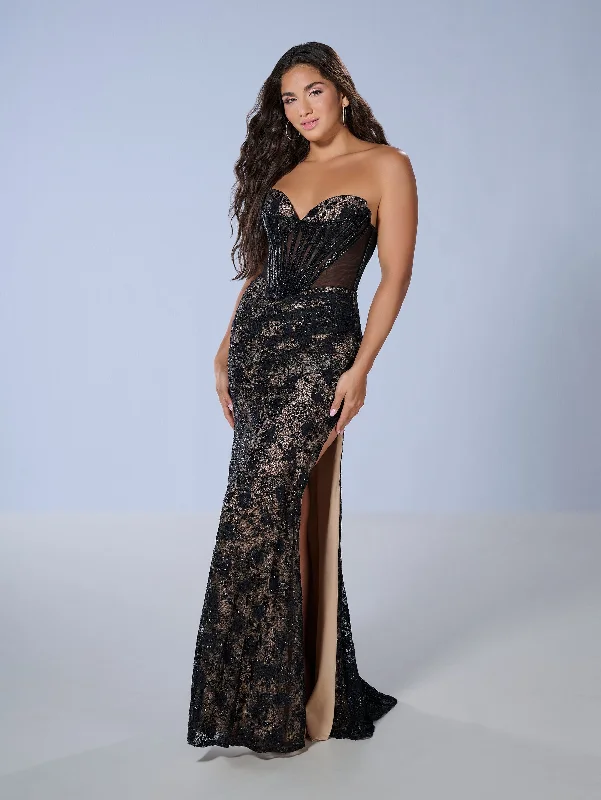 cocktail dresses with corset tops for structured fit --Beaded Lace Strapless Slit Gown by Tiffany Designs 16236