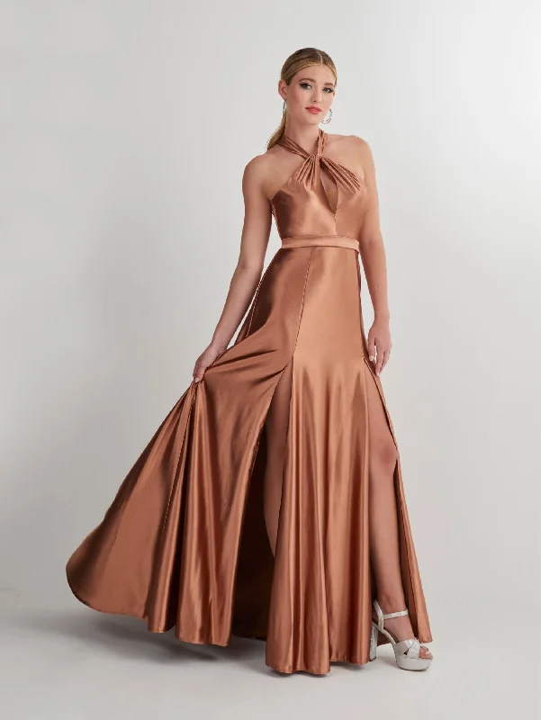 cocktail dresses with velvet fabric for winter elegance --Satin Halter Keyhole A-line Slit Gown by Studio 17 12902