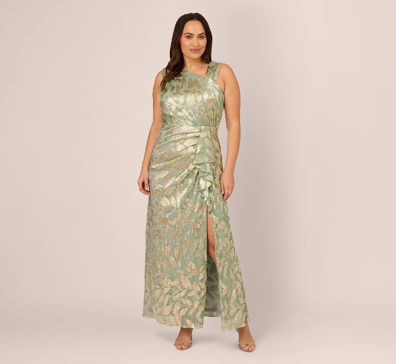 formal dresses with open backs and crisscross straps --Plus Size Foil Printed Asymmetric Gown With Ruffled Detail In Sage Gold