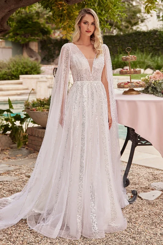 formal dresses for post-surgery patients with easy closures --Sequin Cape Sleeve Bridal Gown by Ladivine CD852W