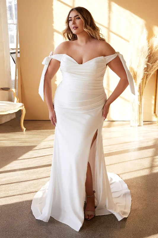 bridesmaid dresses with off-shoulder necklines for summer --Plus Size White Off Shoulder Gown by Cinderella Divine CD944WC