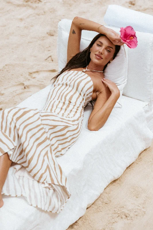 Simple but elegant dresses for black-tie parties -Kim Halter Maxi Dress - Tan Stripe