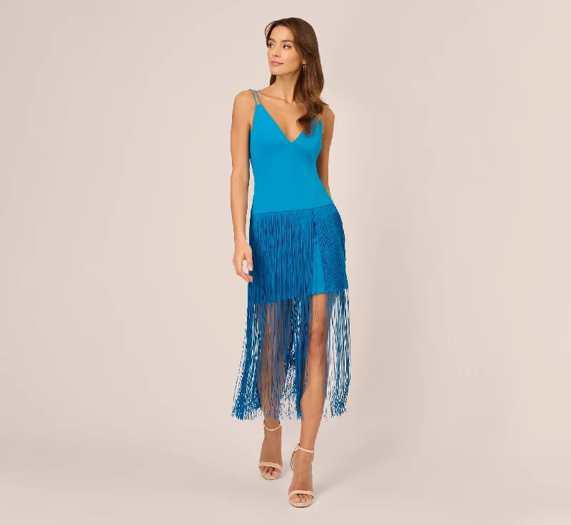 Wedding guest dresses with an empire waist for a classic look -Crepe Fringe Dress With Double Spaghetti Straps And V Back In Deep Cerulean