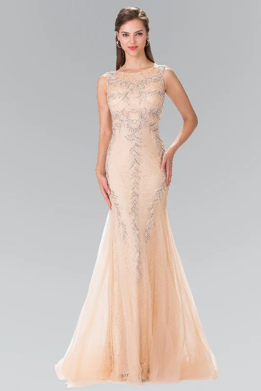 Trendy wedding guest dresses for a cocktail party reception -Long Sleeveless Beaded Lace Mermaid Dress by Elizabeth K GL2289