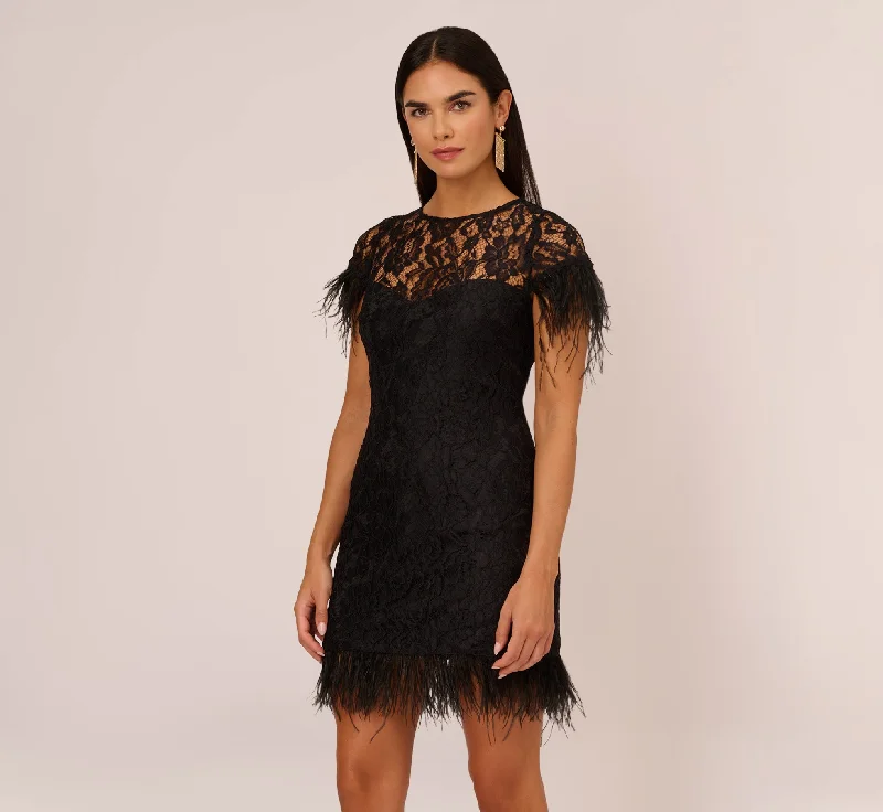 Best wedding guest dresses for daytime ceremonies -Floral Lace And Feather Trimmed Short Sheath Cocktail Dress In Black