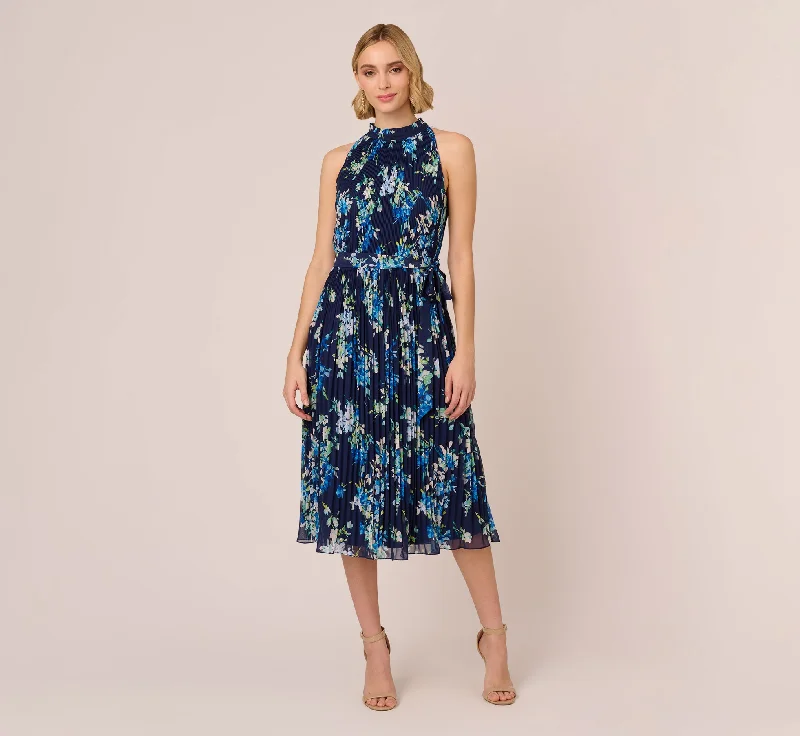 Flattering spring dresses for curvy figures -Floral Pleated Chiffon Dress With Mock Neckline In Navy Multi