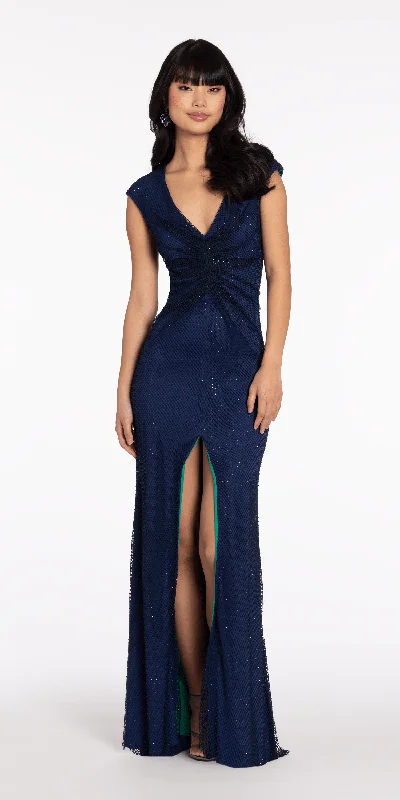 formal dresses for petite women with empire waist --Fishnet Cap Sleeve V Neck Column Dress with Front Slit