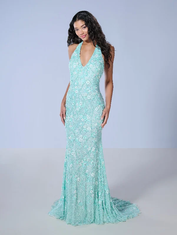 formal dresses for winter weddings with velvet and long sleeves --Floral Beaded Fitted Halter Gown by Tiffany Designs 16141
