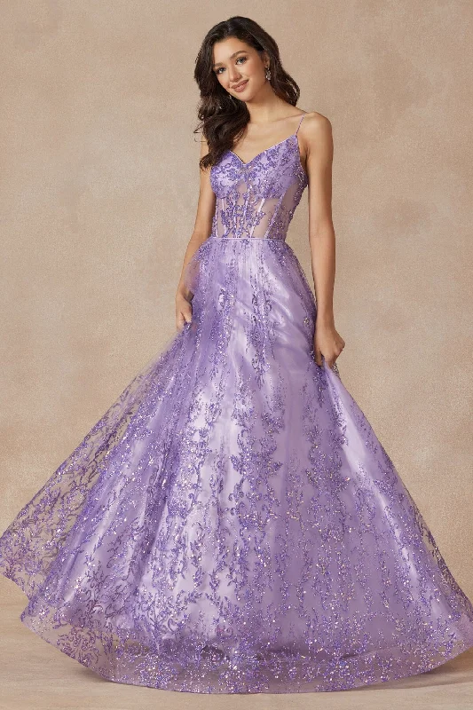 cocktail dresses with high-low skirts for trendy looks --Glitter Print Sleeveless Corset Gown by Juliet 2414