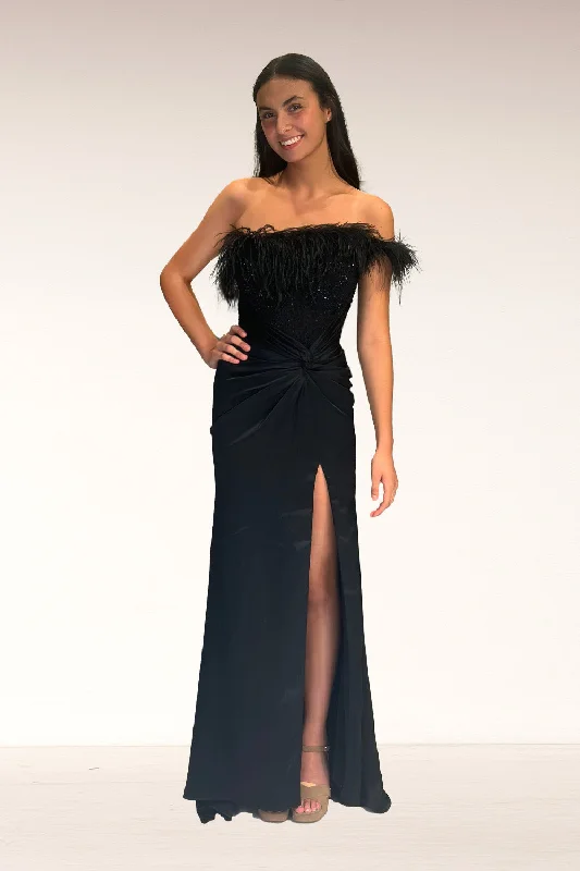 cocktail dresses with satin sashes for waist accentuation --Feather Off Shoulder Slit Gown by Lucci Lu 1326