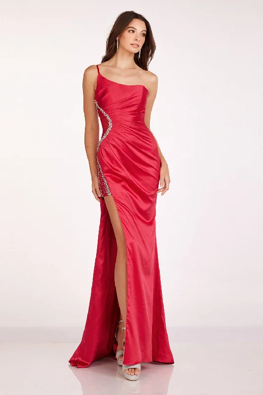 cocktail dresses with beaded bodices for sparkle --Satin One Shoulder Slit Gown by Abby Paris 90259