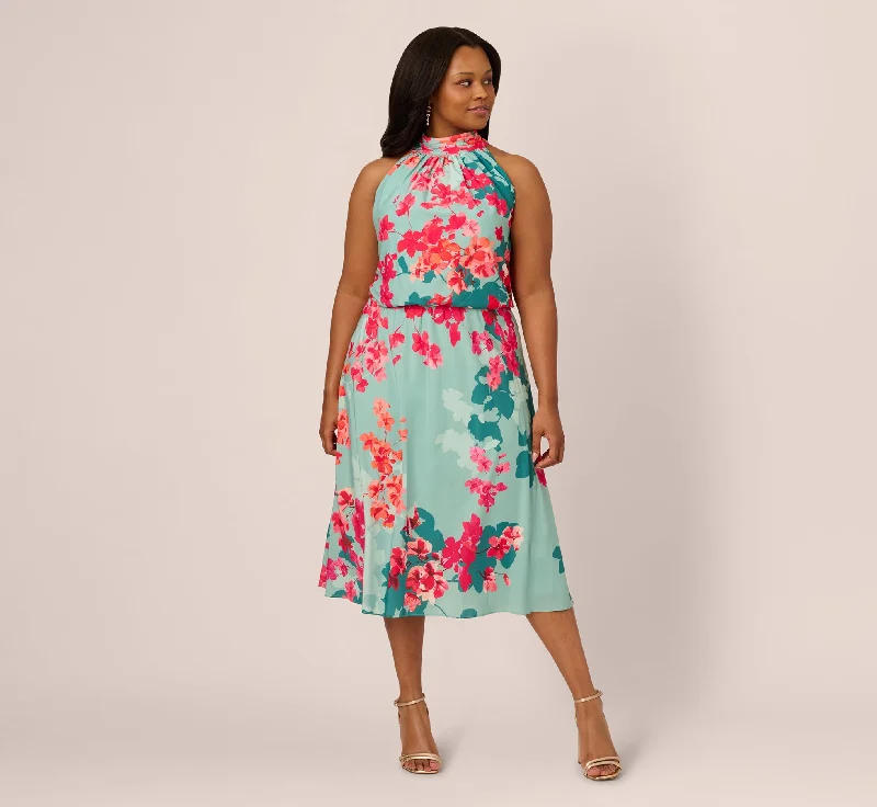 Boho spring dresses for a festival look -Plus Size Floral Chiffon Midi Halter Dress In Turquoise Multi