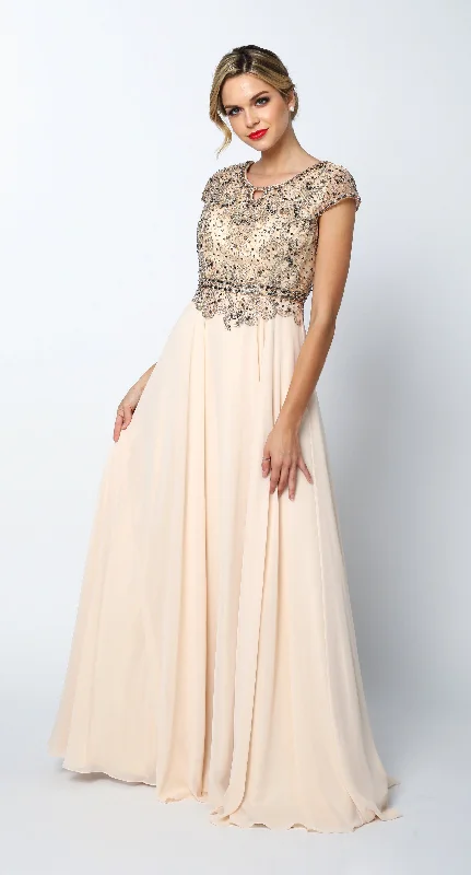 Best wedding guest dresses for a formal evening dinner -Long Cap Sleeve Chiffon Dress with Beaded Bodice by Juliet 657