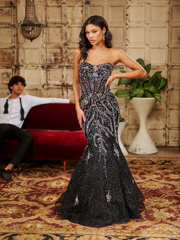 Wedding guest dresses in feminine floral prints -Beaded Sheer Corset Mermaid Dress by Tiffany Designs 16074