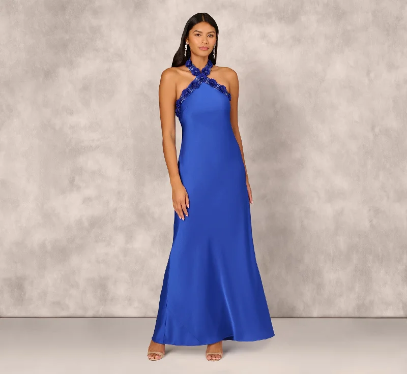 formal dresses for prom with sweetheart necklines --Satin Floral Beaded Halter Mermaid Gown In Deep Sapphire