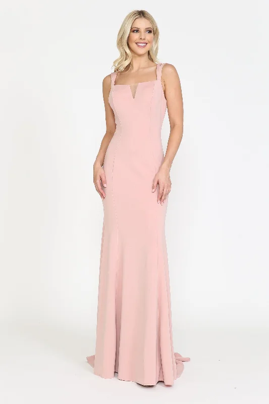 bridesmaid dresses with detachable sleeves for versatility --Fitted Long Jersey V-Neck Dress by Poly USA 8392