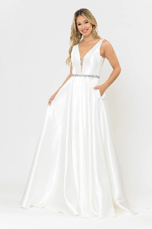 bridesmaid dresses with sequined bodices for sparkle --Long Illusion V-Neck Mikado Dress by Poly USA 8682