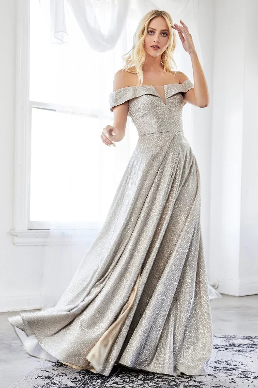 Budget-friendly wedding guest dresses that look expensive -Long Off Shoulder Metallic Dress by Cinderella Divine CD162