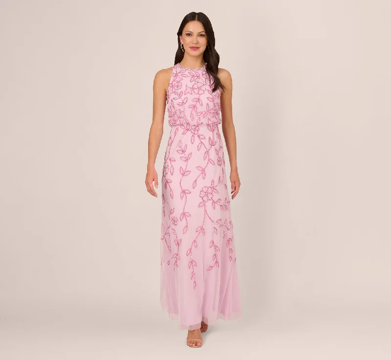 formal dresses with lace necklines for feminine touch --Sleeveless Blouson Mermaid Gown With Jasmine Beading In Pink Lace
