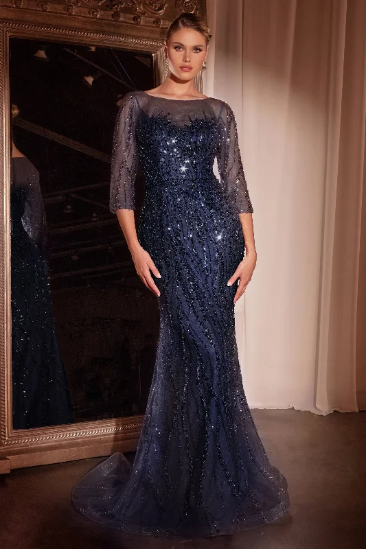 Wedding guest dresses with floral prints for spring weddings -Sequin Fitted 3/4 Sleeve Gown by Ladivine CD0105
