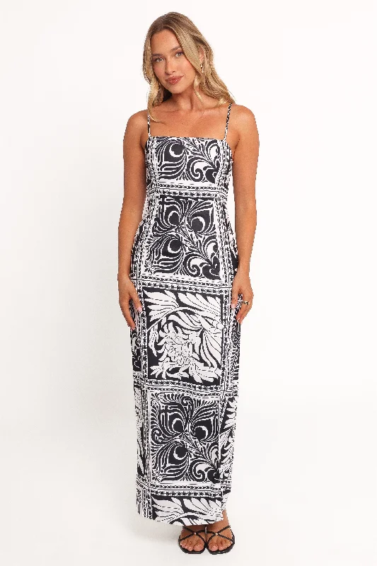 Stylish ruffle dresses for flirty cocktail parties -Riley Printed Midi Dress - Black